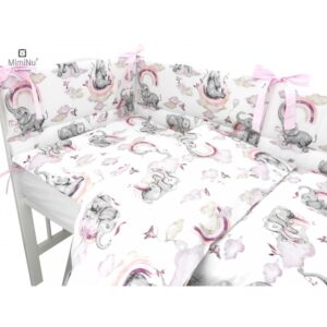 MIMINU POSTELJINA ZA BEBE SET 5 ELEM. SLONIĆ I DUGA ROZA ( ZA KREVETIĆ DIM. 120X60 CM )