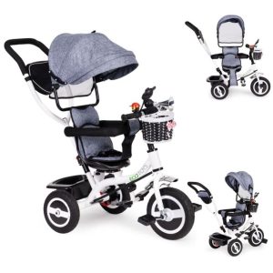 Ecotoys Tricikl s okretnim sjedalom 360 s bijelom konstrukcijom i košaricom, siva
