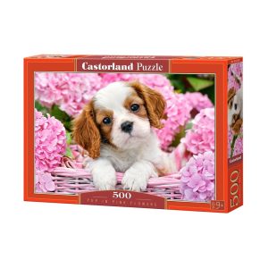 Puzzle 500 komada psić u rozom cvijeću
